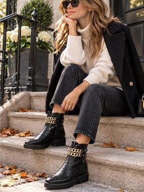 Andre Assous Black Ankle Boots with Gold Chain